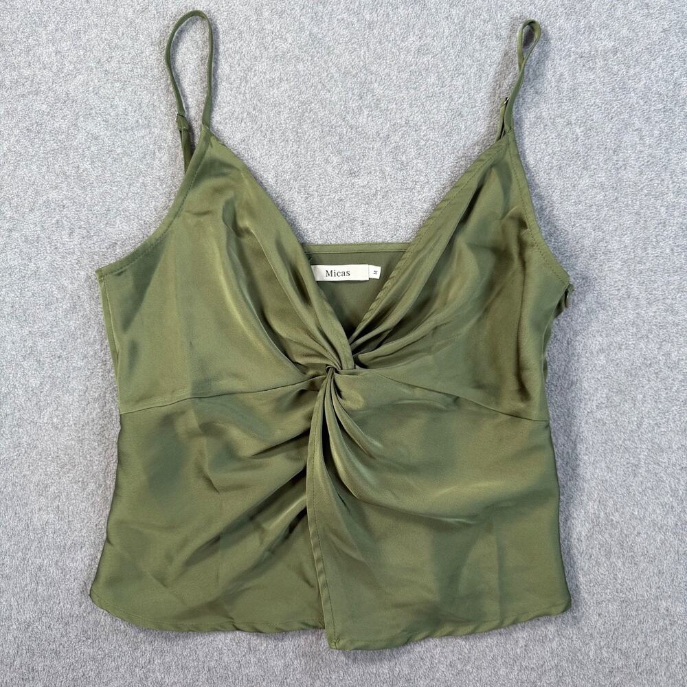 Micas Twist Front Cami Top Women's Medium Green Satin V-Neck Spaghetti Strap